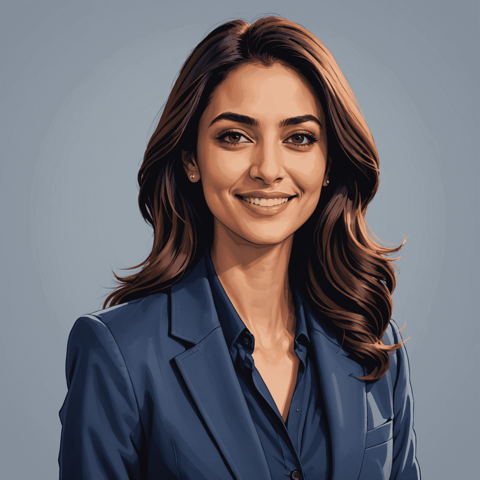 Portrait of Aisha Khan, a woman in her early 30s with long dark hair and a warm smile, wearing a navy blue blazer against a light background