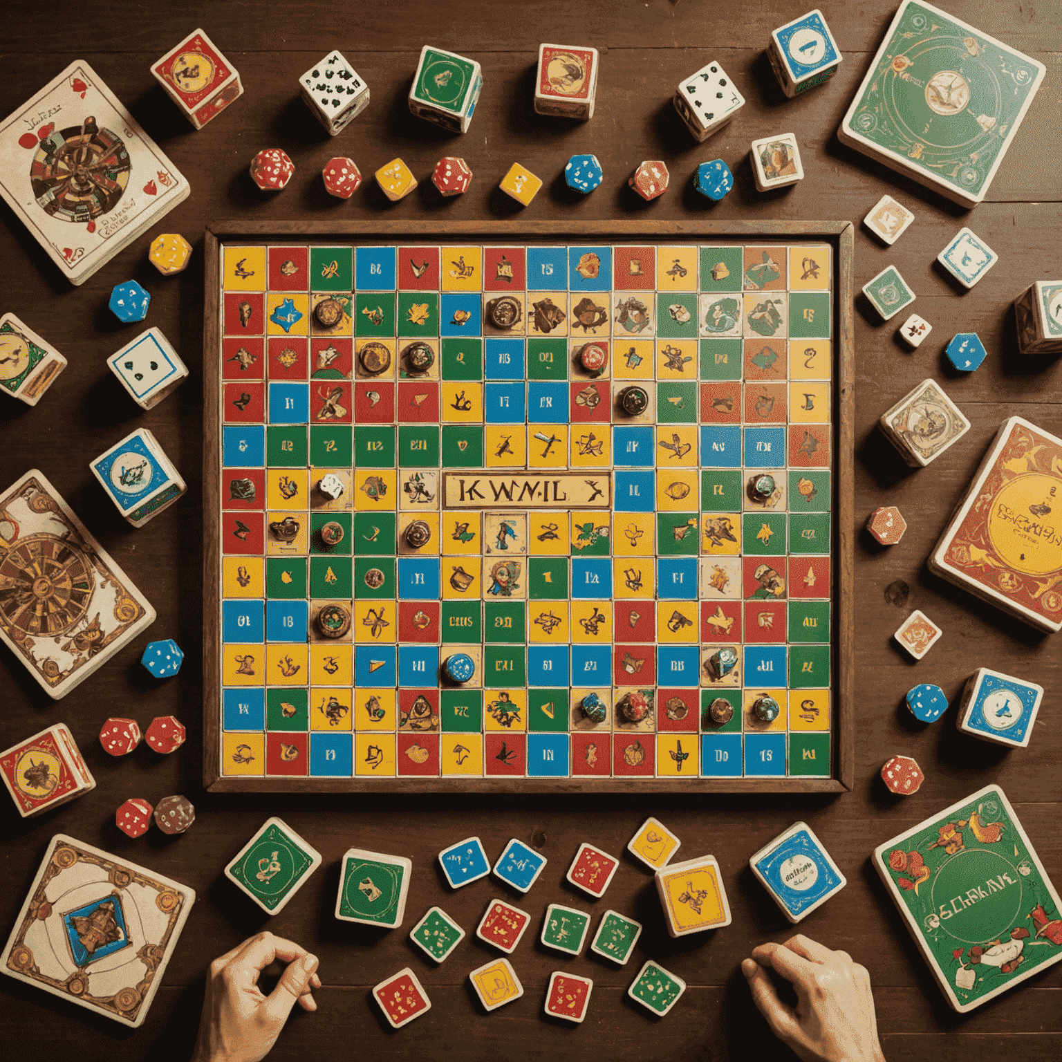 A diverse array of card board games spread out on a wooden table, showcasing colorful card designs, intricate game boards, and various game pieces. The image conveys the excitement and variety of the card gaming world.