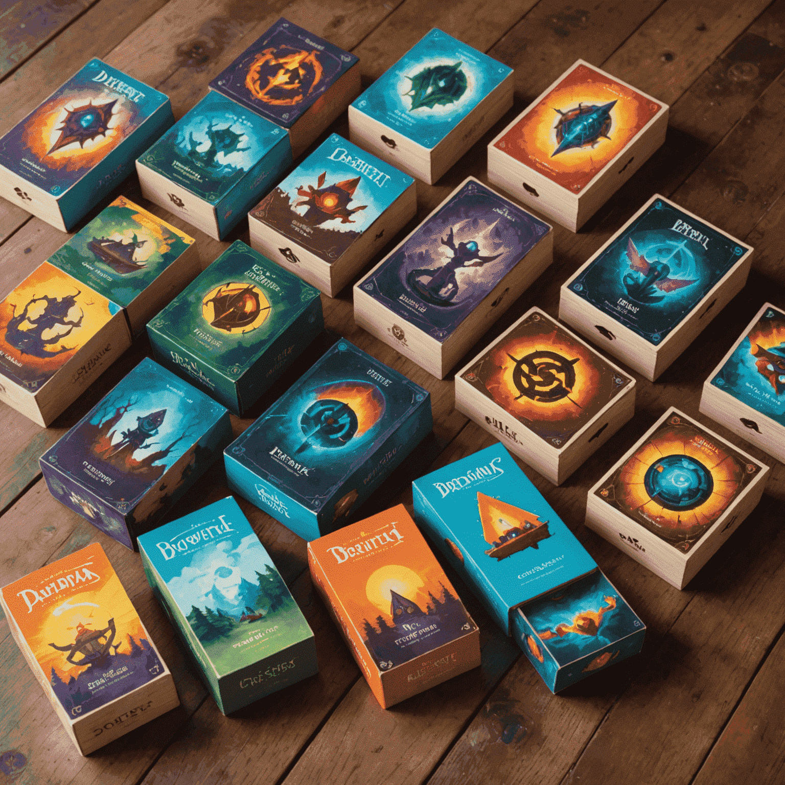 A collection of colorful deck-building game boxes spread out on a wooden table, showcasing their vibrant artwork and diverse themes