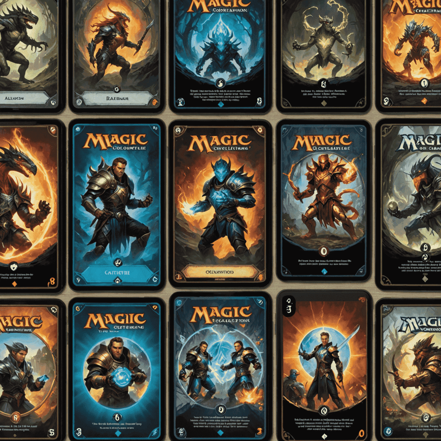 A collage showing the evolution of collectible card games, featuring Magic: The Gathering cards from the 90s transitioning to modern digital card games on tablets and smartphones