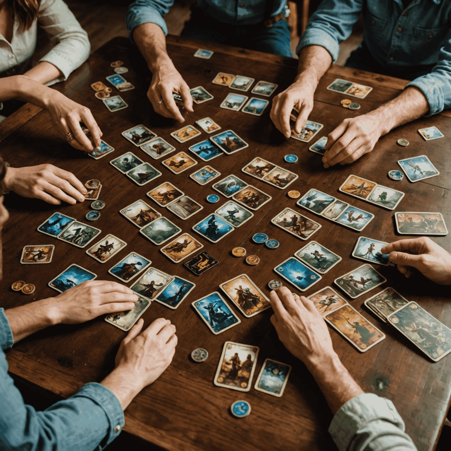 A game of Dominion in progress, showcasing various kingdom and treasure cards spread across a wooden table. Players' hands are visible, holding a mix of copper, silver, and action cards.
