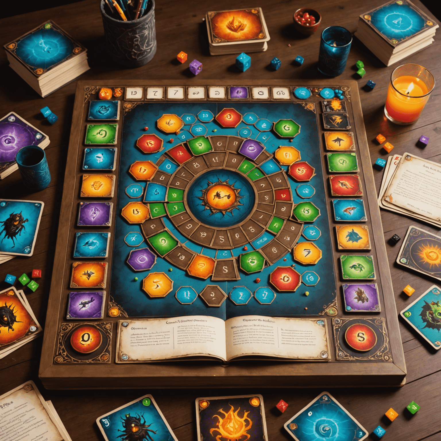 The Big Book of Madness game setup with a central book board, monster cards, and colorful spell cards