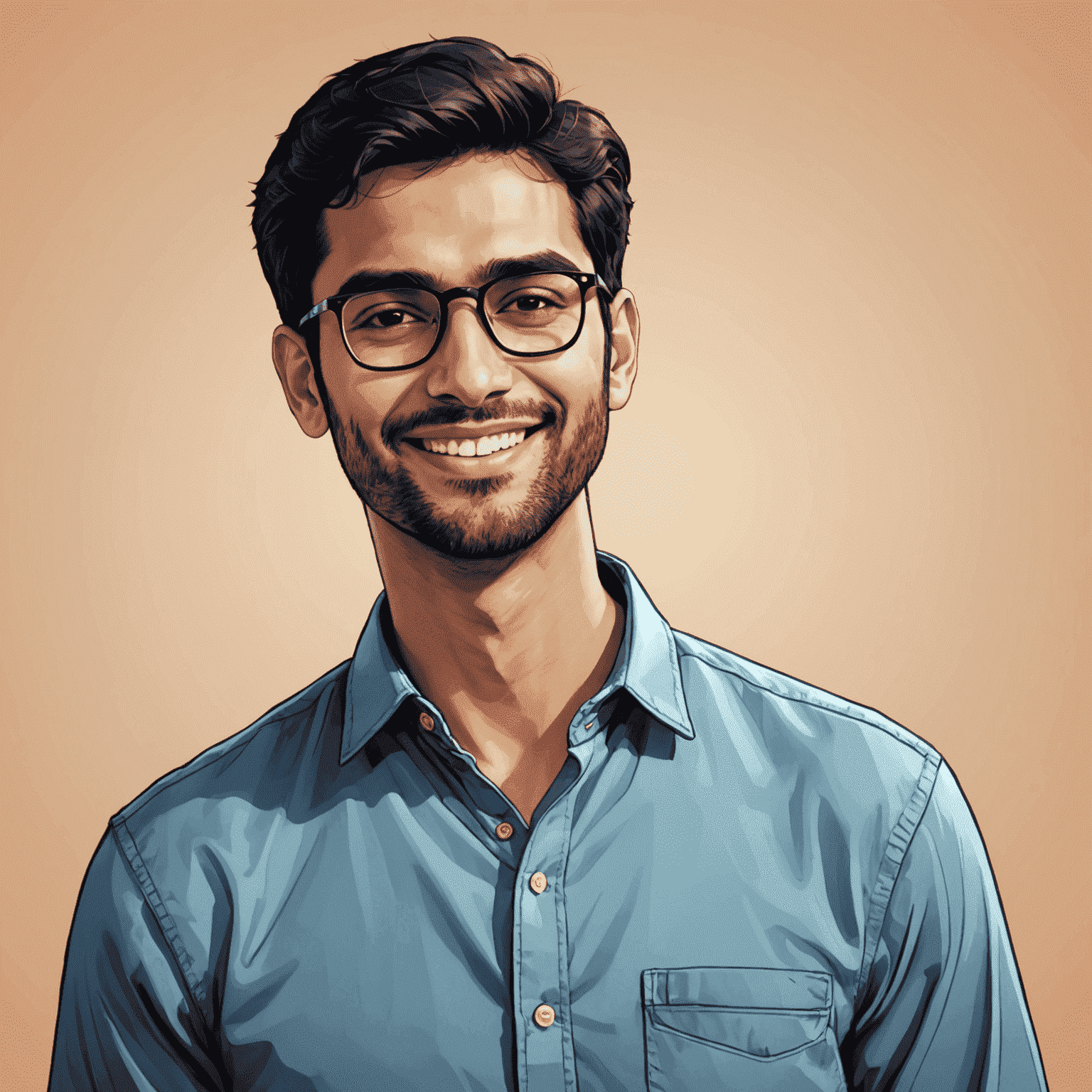 Portrait of Rahul Sharma, a man in his late 20s with short black hair and glasses, wearing a casual button-up shirt, smiling confidently