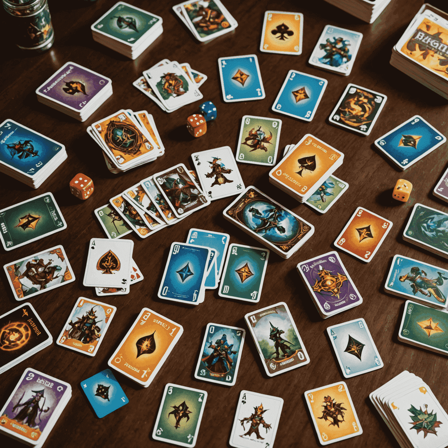 Various deck-building card games spread out on a wooden table, with colorful cards and game pieces visible, representing popular beginner-friendly titles.