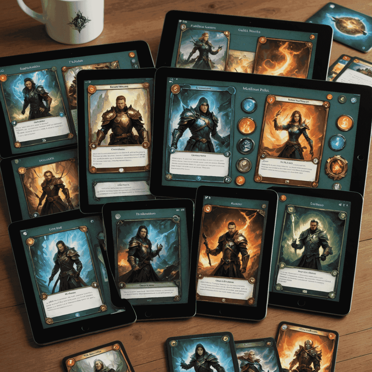 A timeline display of collectible card games, starting with Magic: The Gathering booster packs and ending with modern digital card game interfaces on tablets and smartphones.