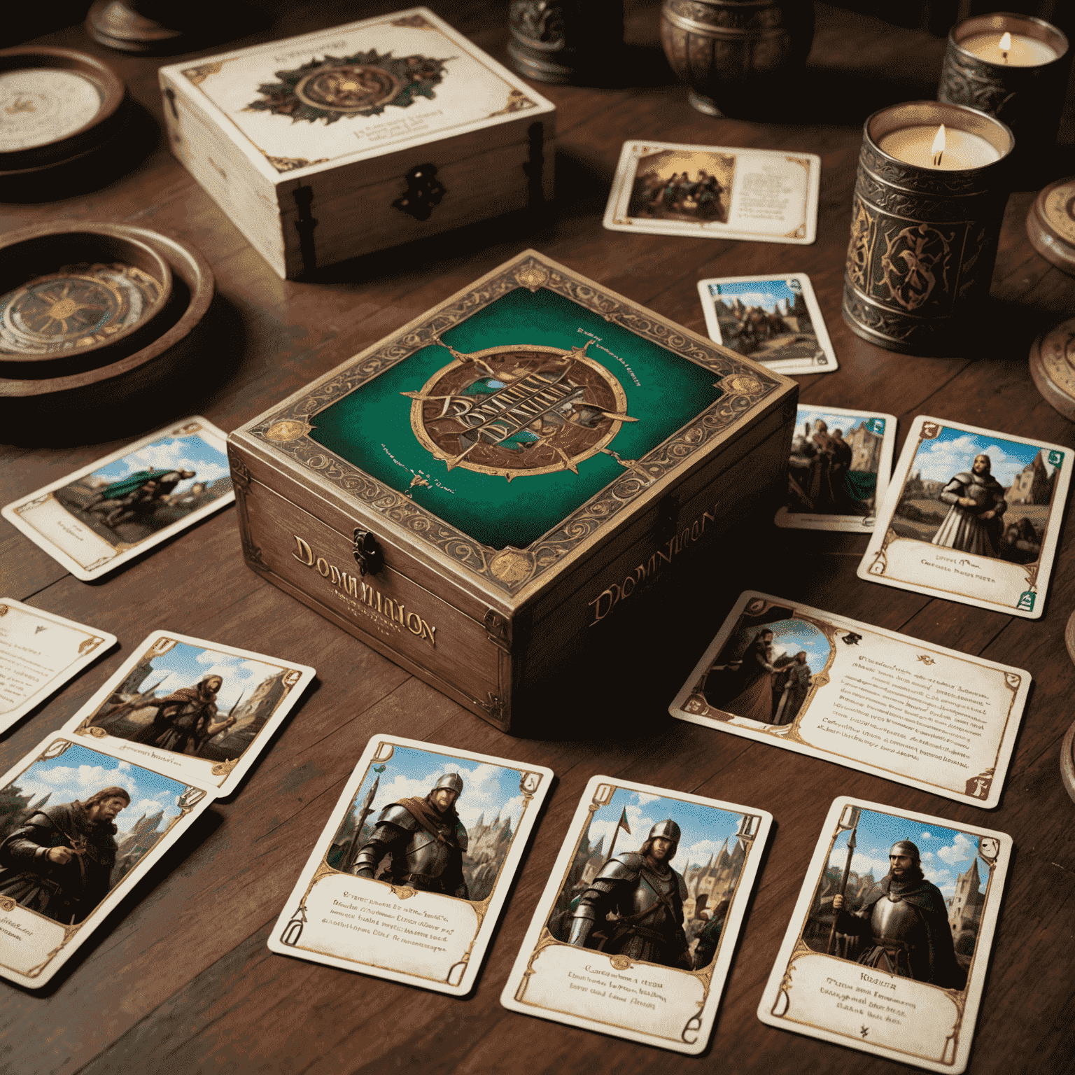 Dominion game box and cards laid out on a table, showing medieval-themed artwork and simple card designs