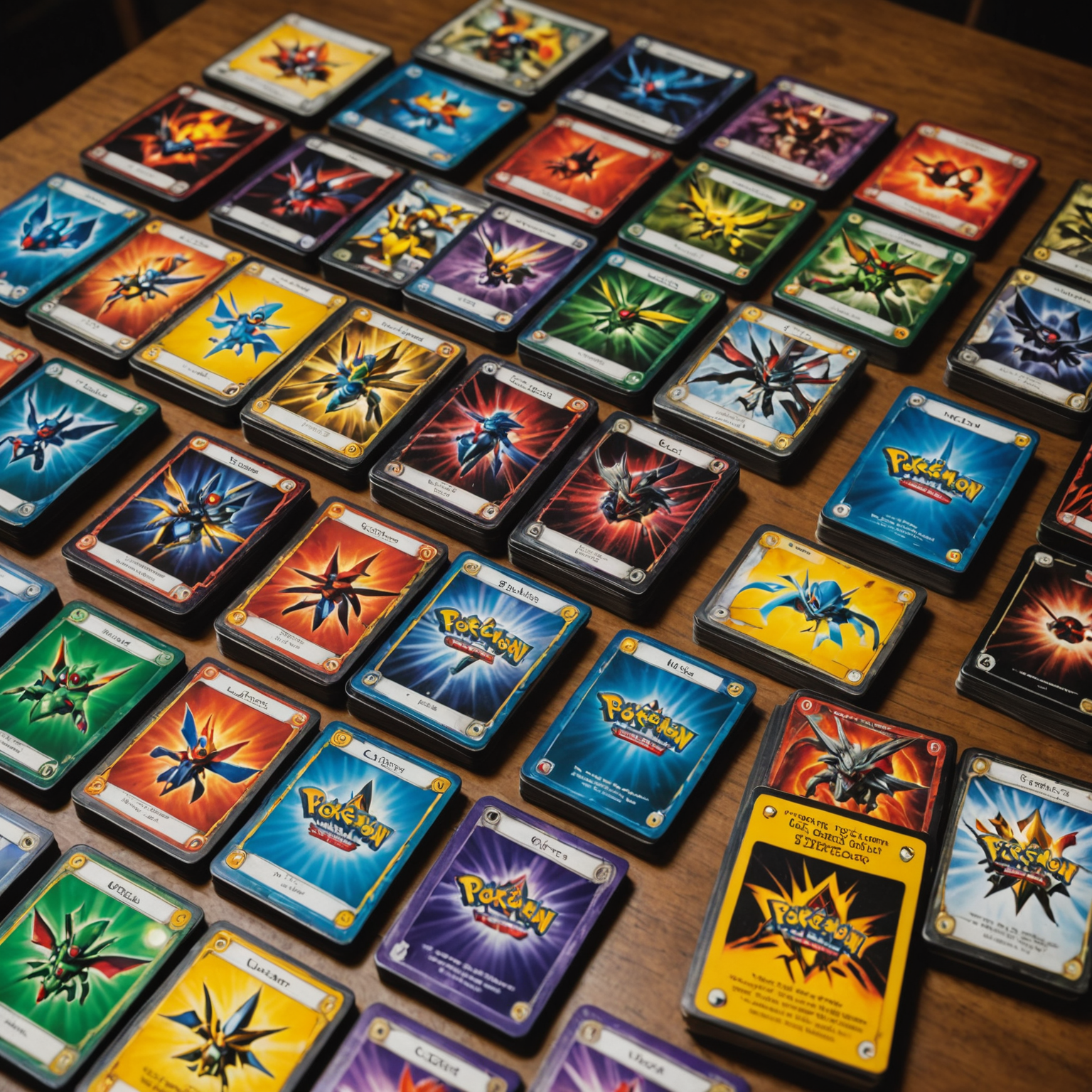A display of various collectible card games from the 1990s, including Pokémon, Yu-Gi-Oh!, and Legend of the Five Rings cards
