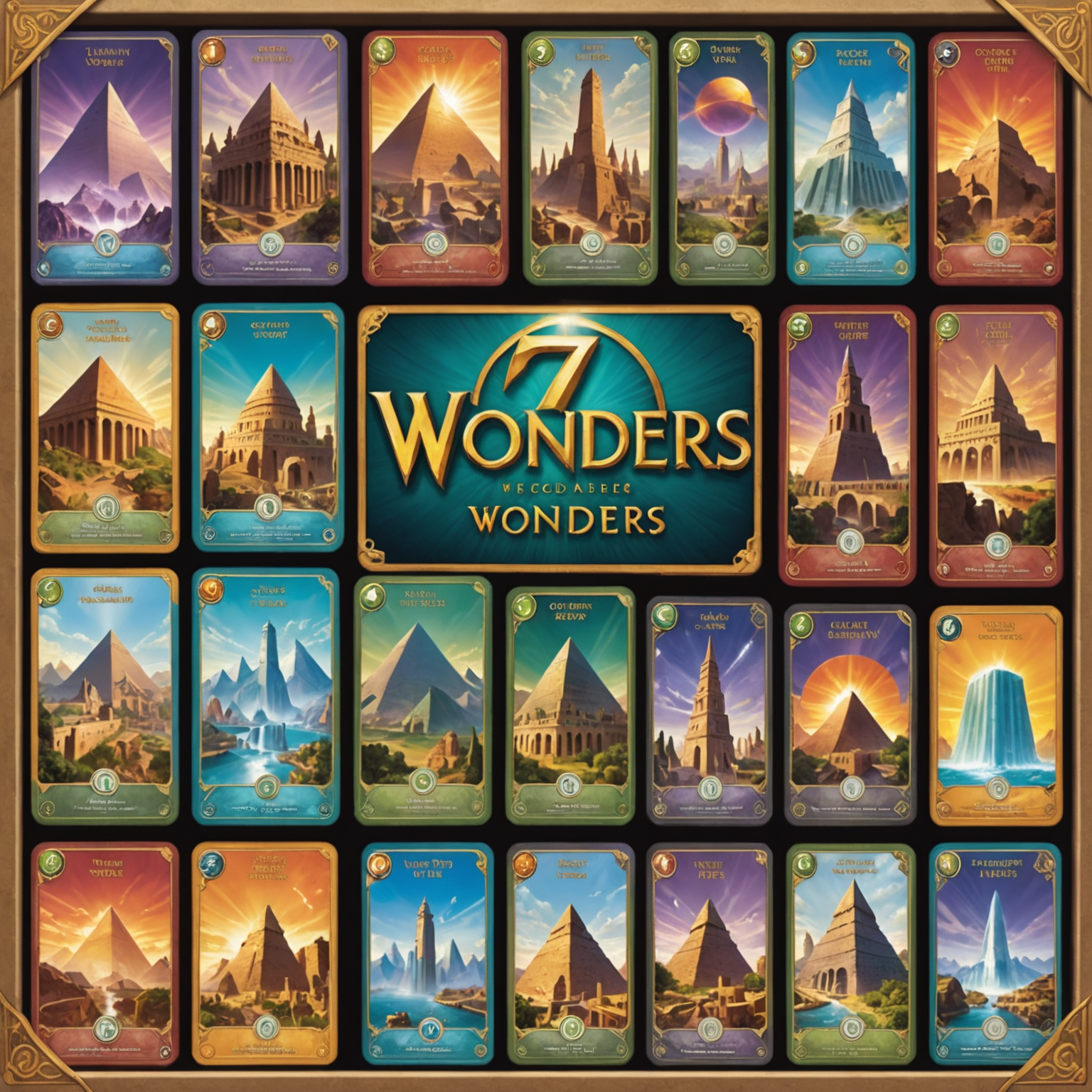A completed game of 7 Wonders, displaying the intricate card tableau of each player's ancient wonder and civilization achievements. The colorful cards are arranged in neat rows, showcasing military, science, and cultural advancements.