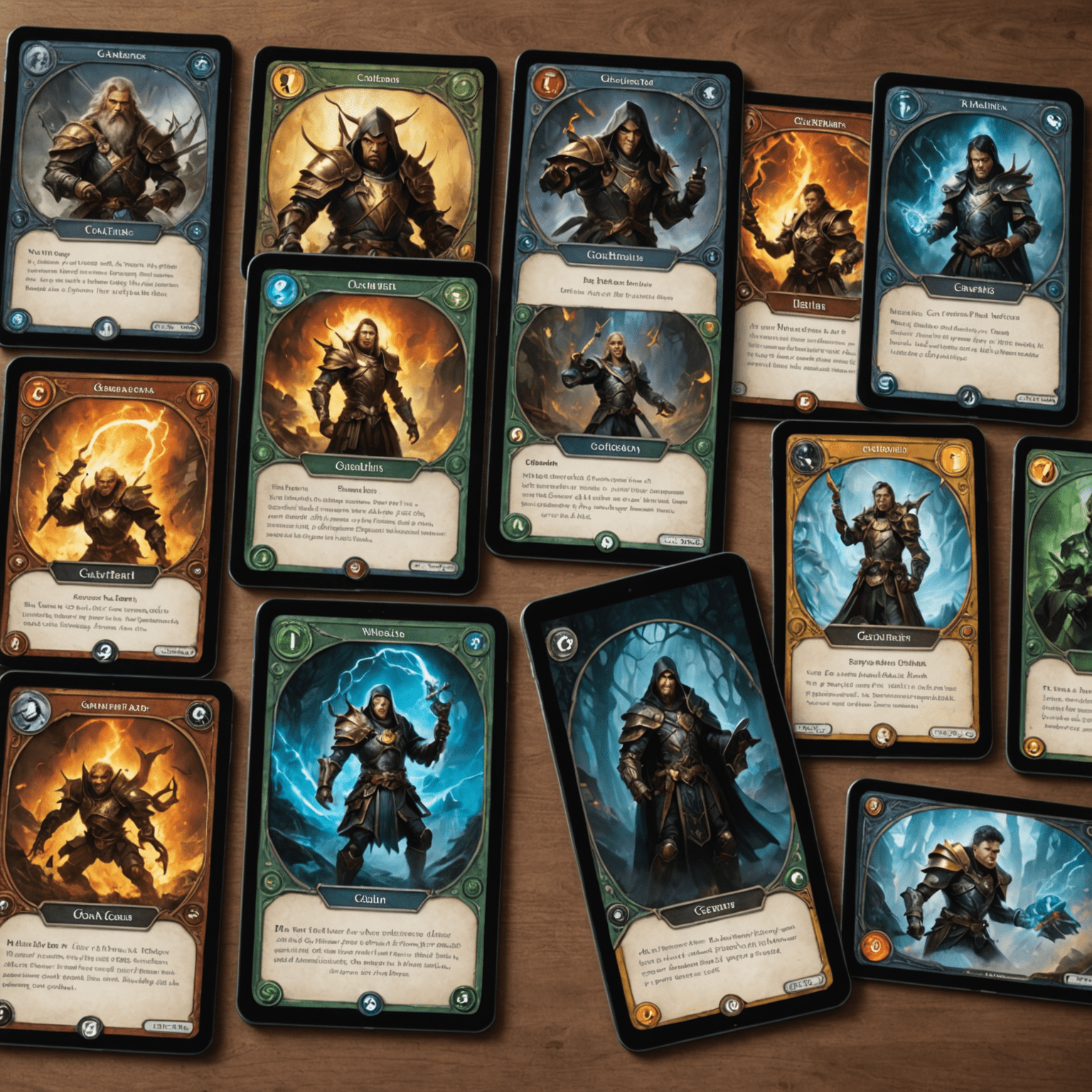 A timeline display showing the evolution of collectible card games, from vintage Magic: The Gathering cards to modern digital card game interfaces on tablets and smartphones.