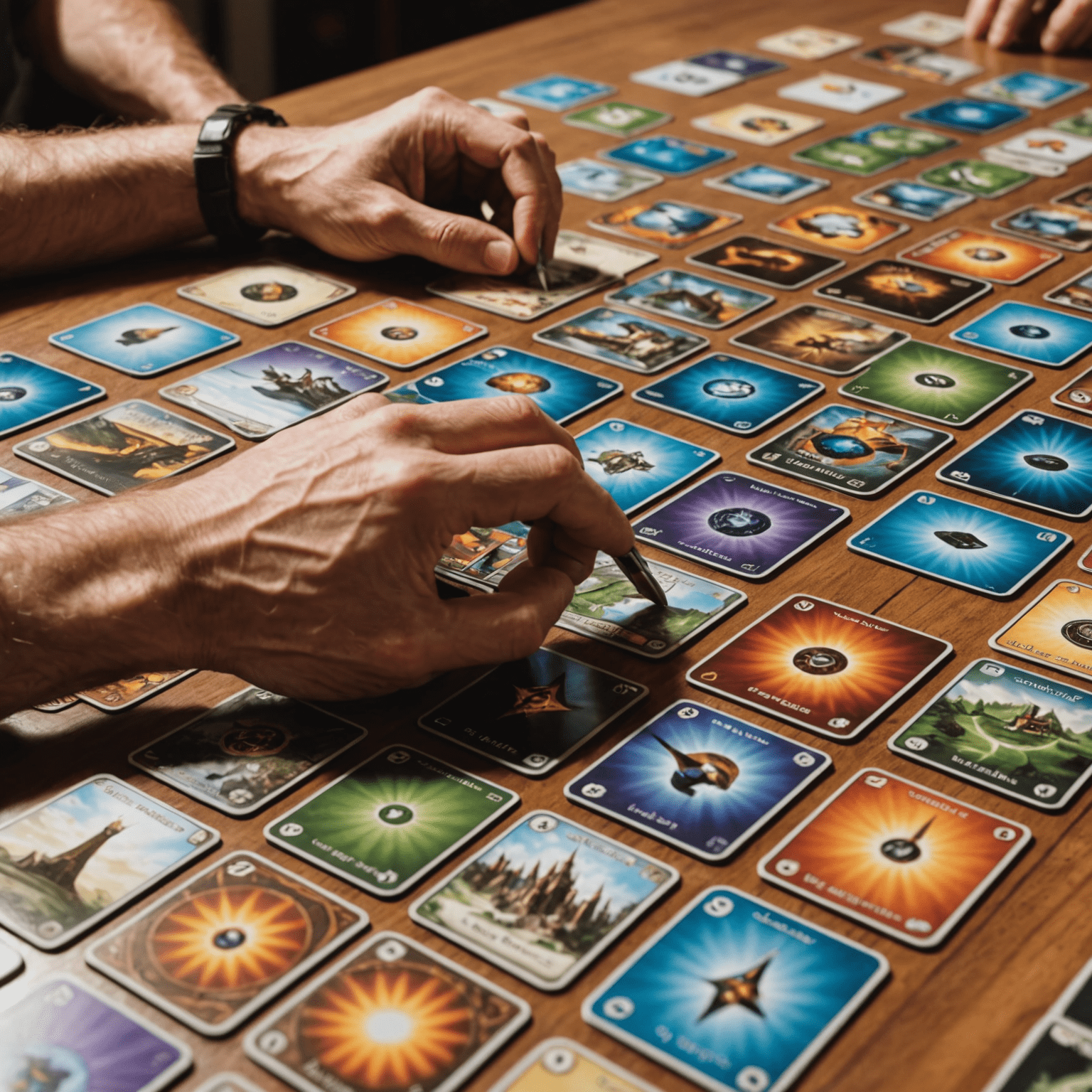 A close-up of hands arranging cards strategically on a game board, with popular titles like Dominion, 7 Wonders, and Splendor visible in the background.