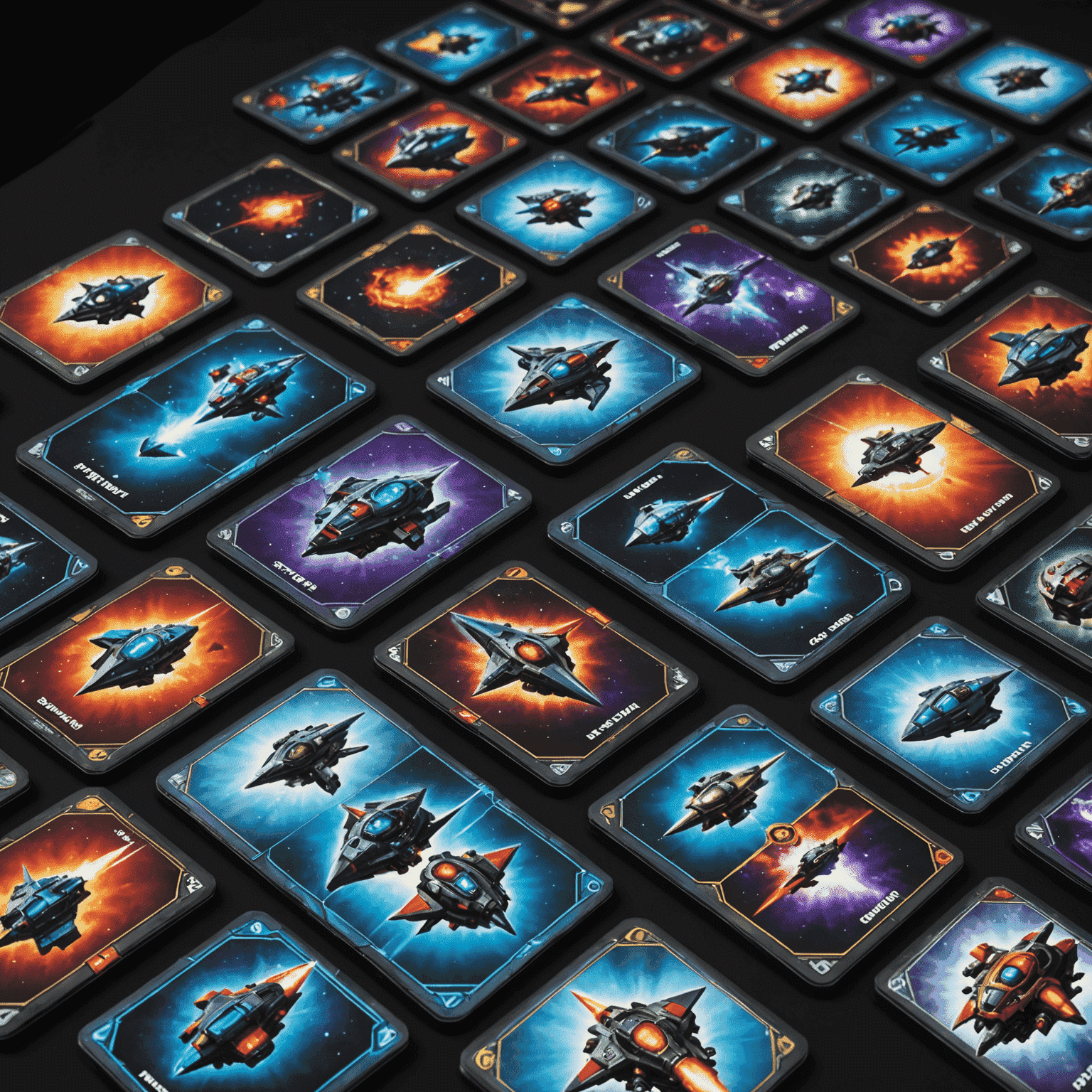 Star Realms game components featuring futuristic spaceship cards and trade row setup