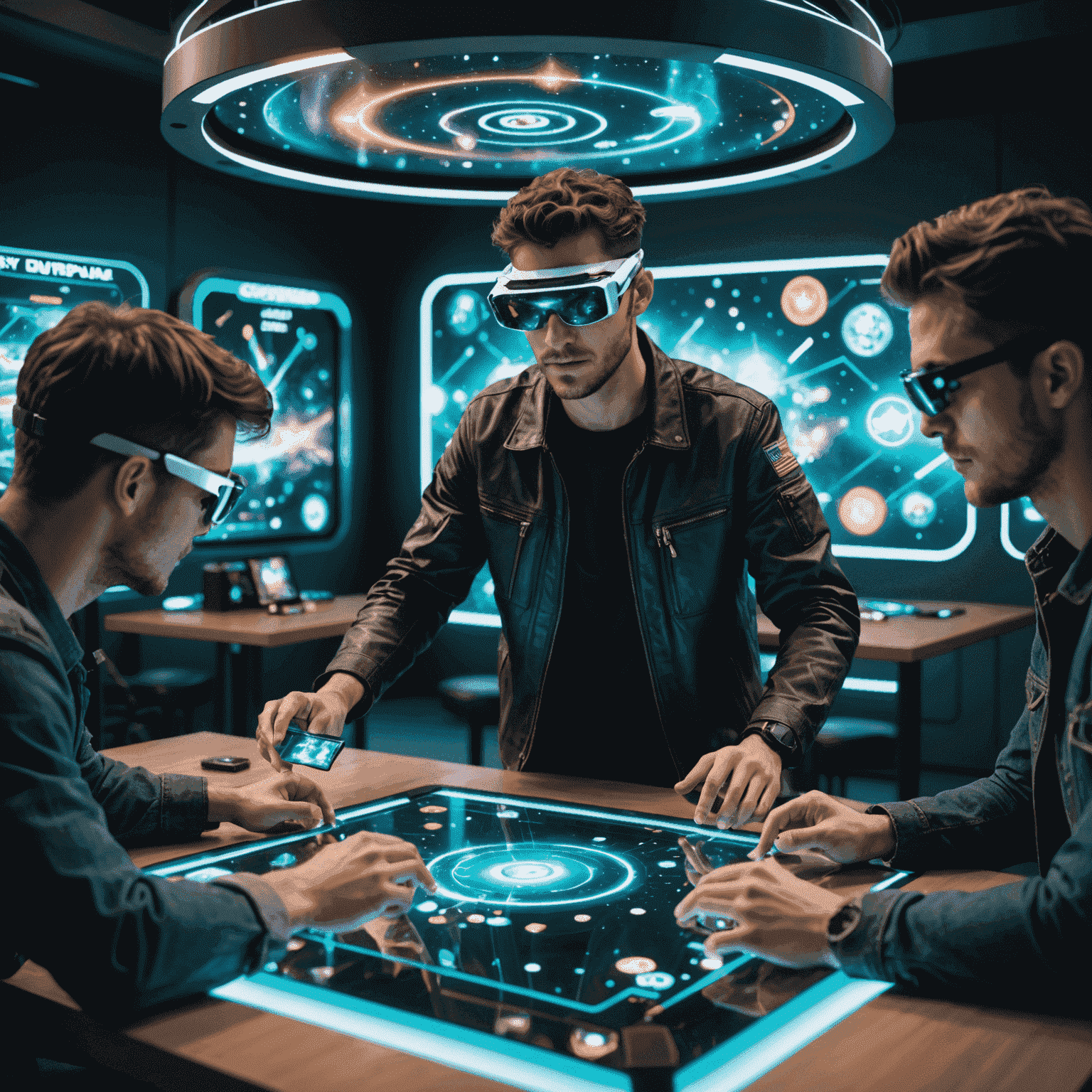 A futuristic scene showing a player using augmented reality glasses to interact with holographic card game elements floating above a physical game table