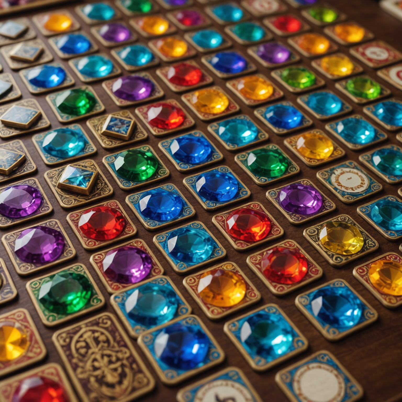 A close-up of a Splendor game in progress, featuring stacks of gem tokens, noble tiles, and development cards. The image highlights the colorful gems and ornate card designs that represent Renaissance-era gem trade.
