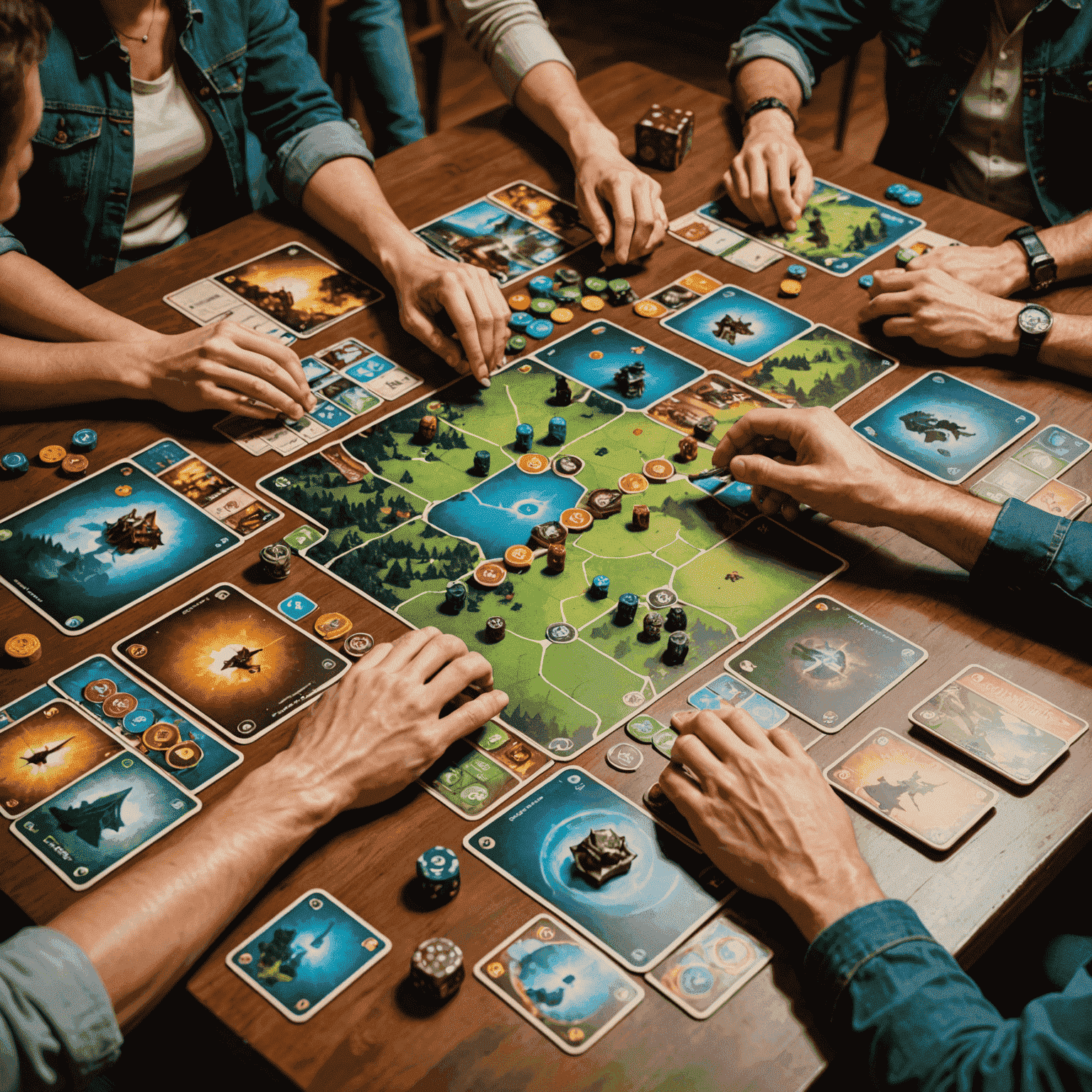 A gaming table set up with popular card-based board games like Dominion, 7 Wonders, and Splendor, with players' hands visible holding cards and making strategic decisions.