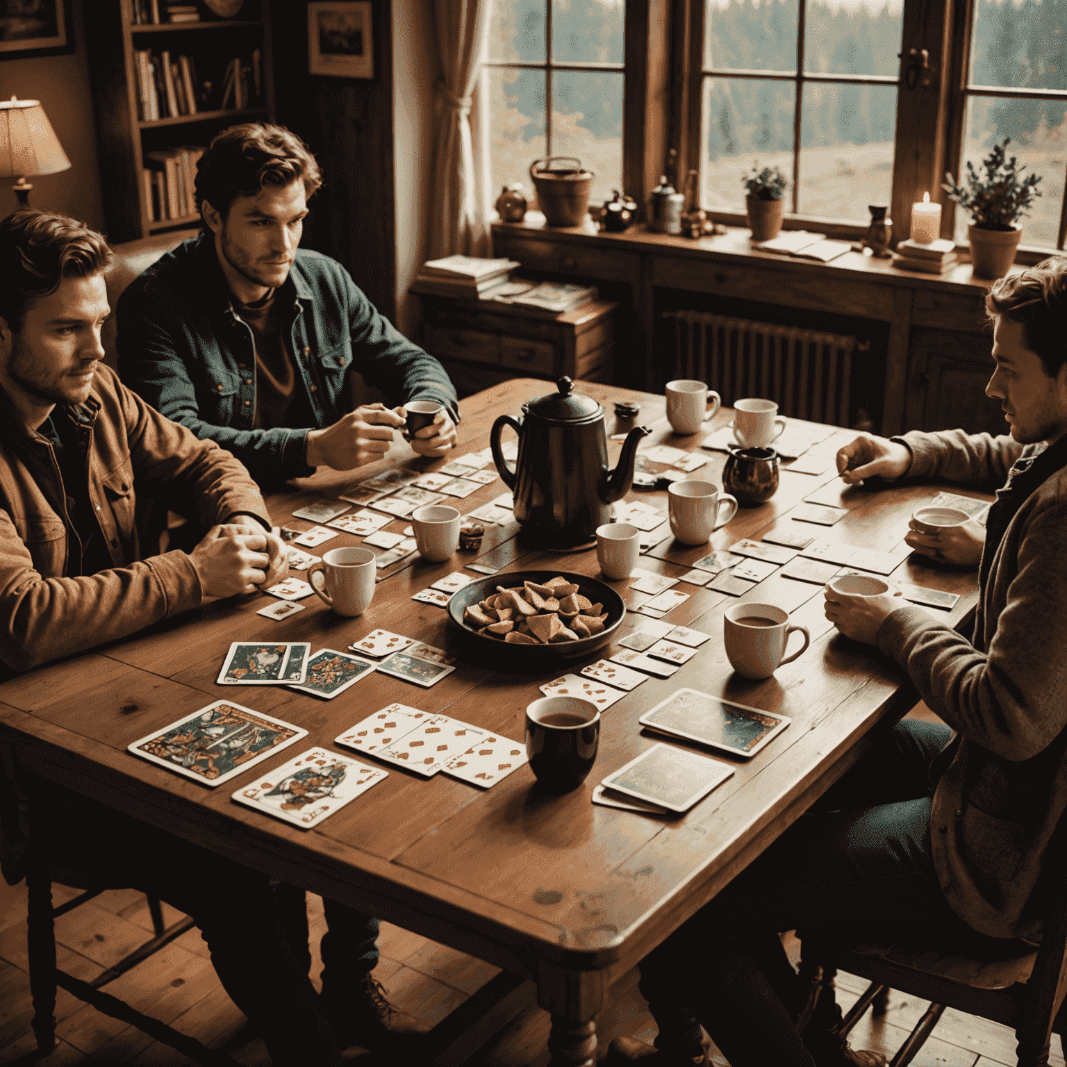 A cozy setup for solo card gaming, featuring a variety of single-player card games spread out on a comfortable table, with a warm cup of tea nearby.