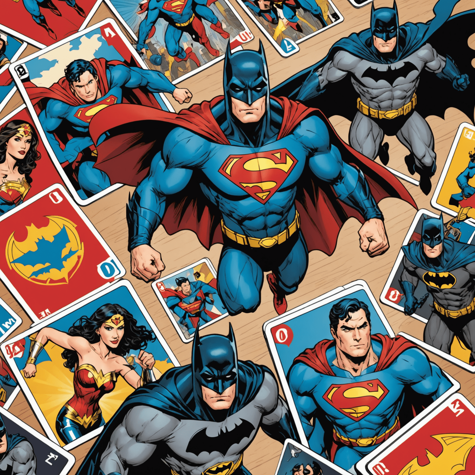 DC Deck-Building Game components with cards featuring popular superheroes like Batman, Superman, and Wonder Woman