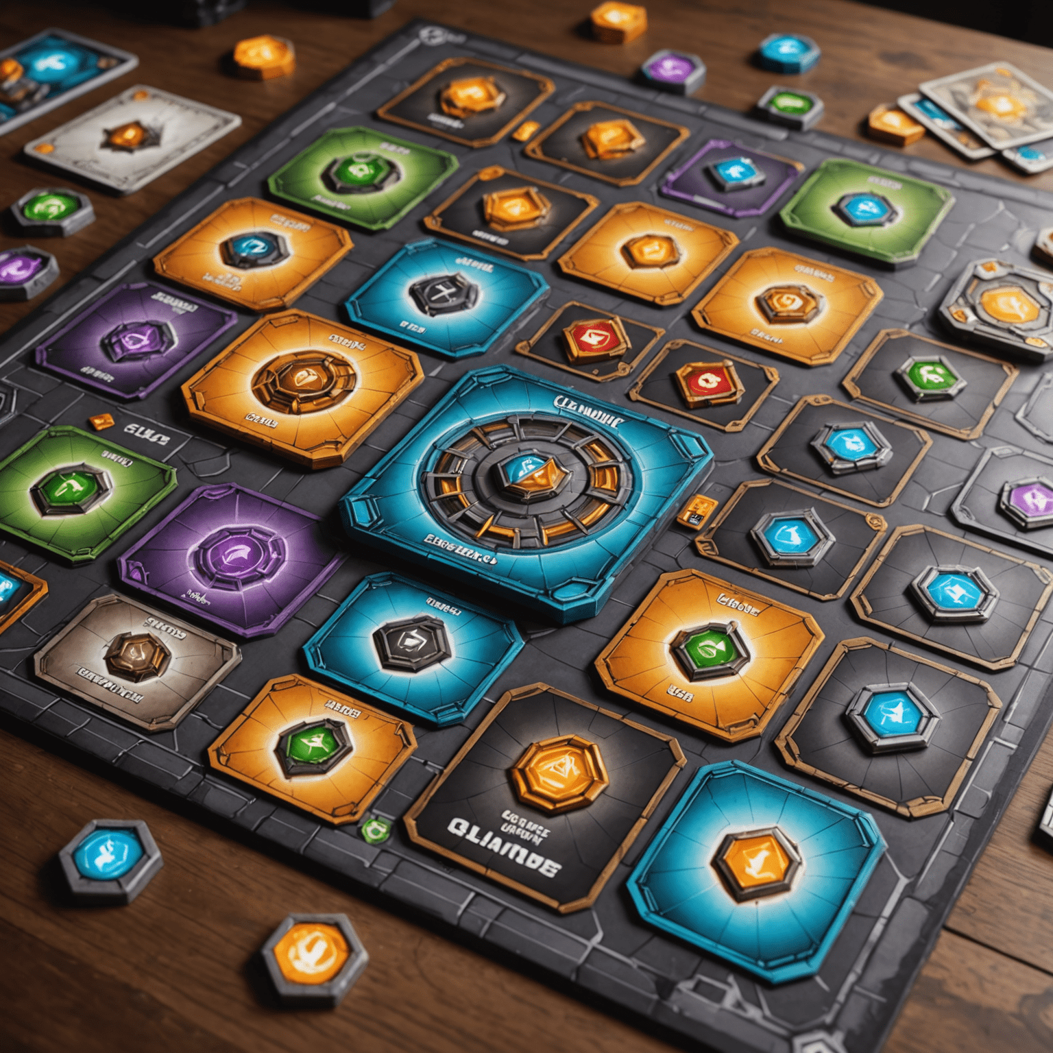 Clank! game board depicting a dungeon map with player tokens and a stack of colorful cards