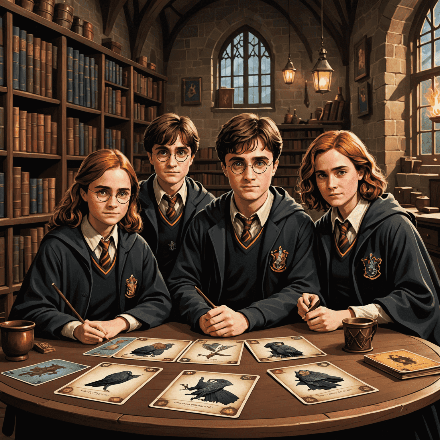 Harry Potter: Hogwarts Battle game setup with character cards of Harry, Ron, and Hermione, along with various magical item cards