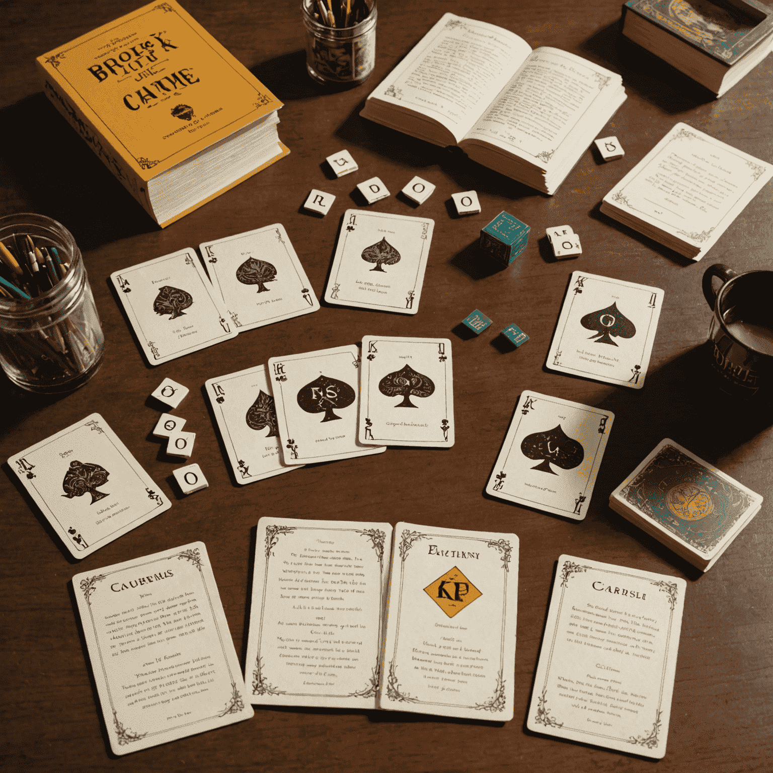 Paperback game components showing letter cards and book cover cards laid out for play
